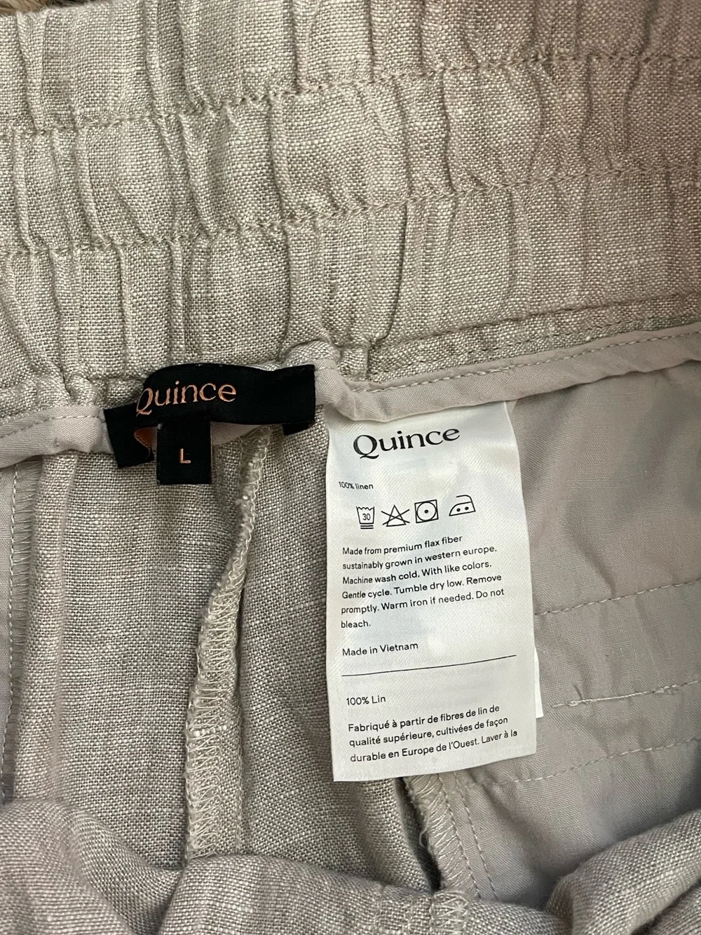 Quince 100% European Linen Wide Leg Pants Flax Beige Sustainable Drawstring | L